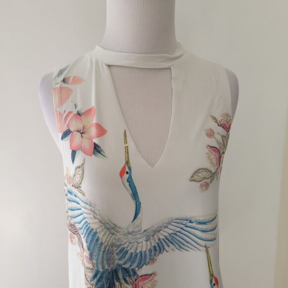 Gaze USA Tank Chocker Neck Cutout Crane Floral Print Swing Shape Women Small - Picture 4 of 11